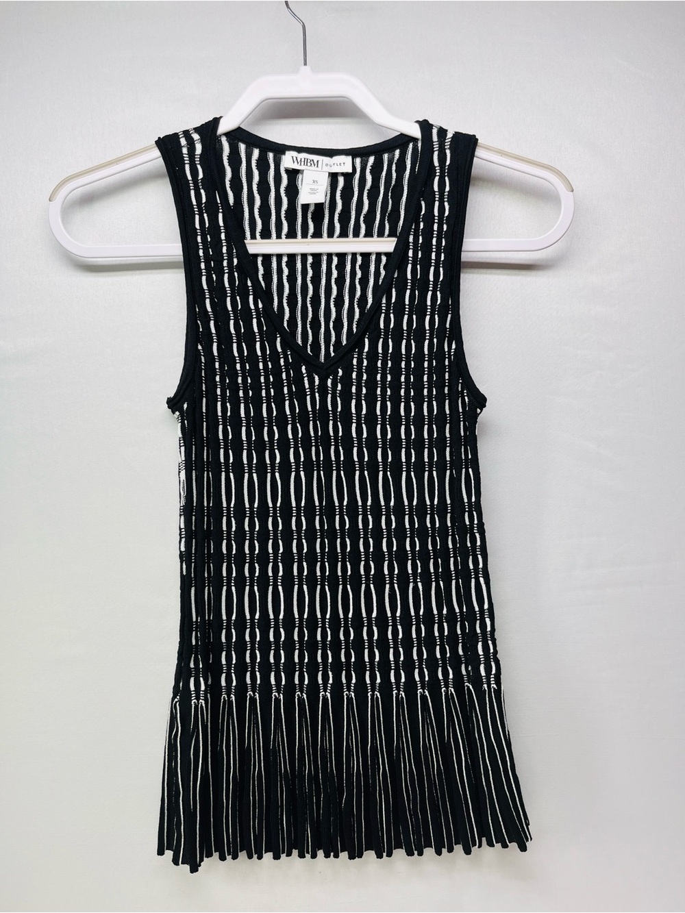 White House Black Market Black & White V-Neck Fringe Knit Tank